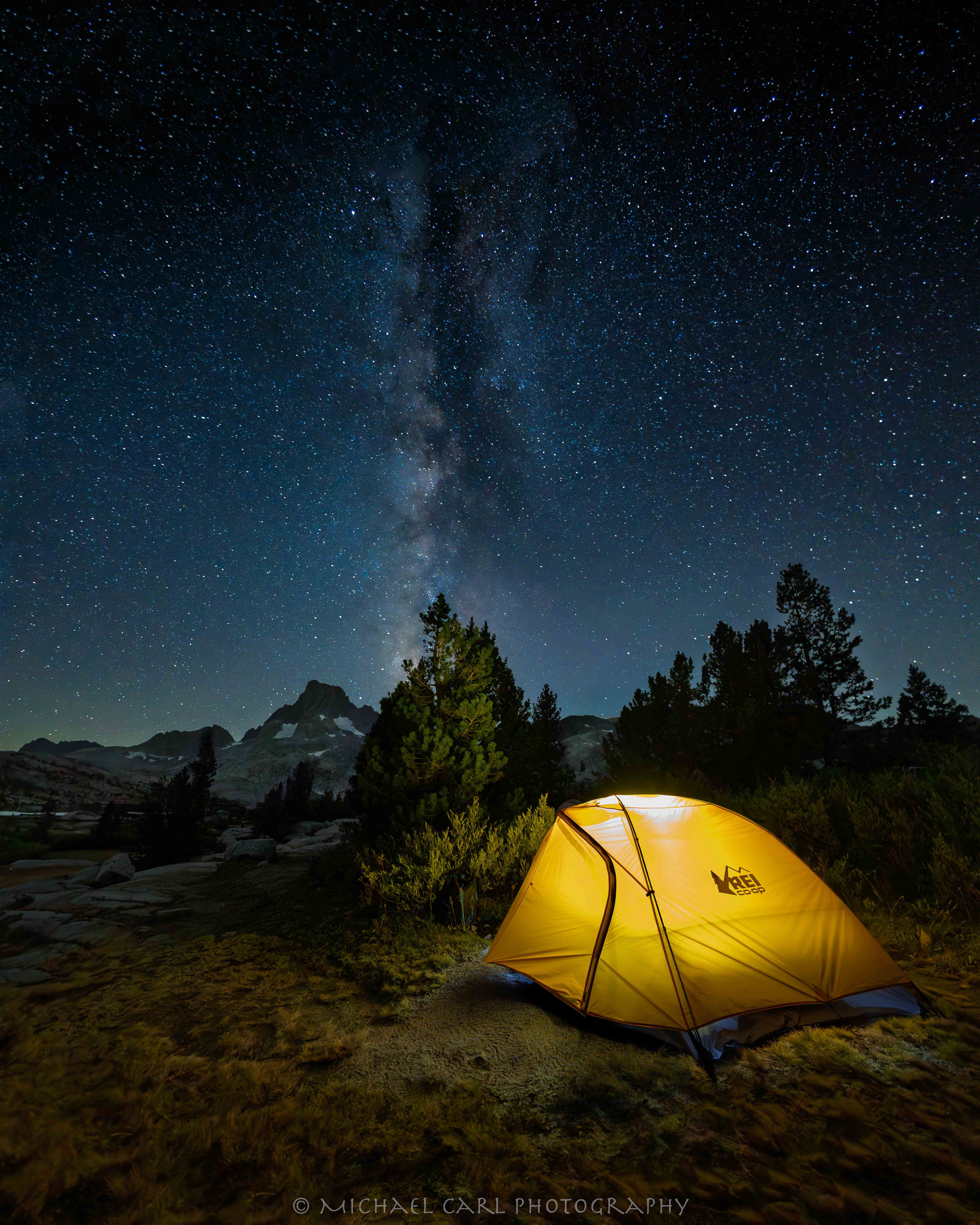 Milky Way in night sky photographed while camping in Sierra Nevada Mountains.