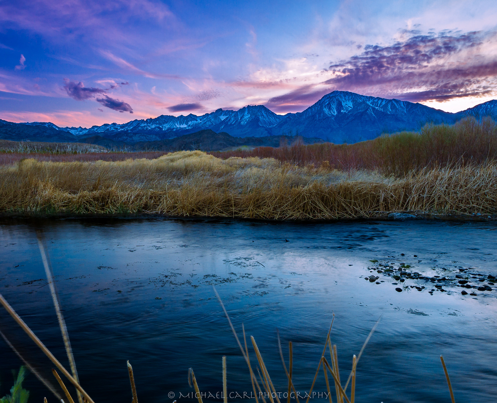 Sierra Nevada Mountains photography during sunset along Owens River.