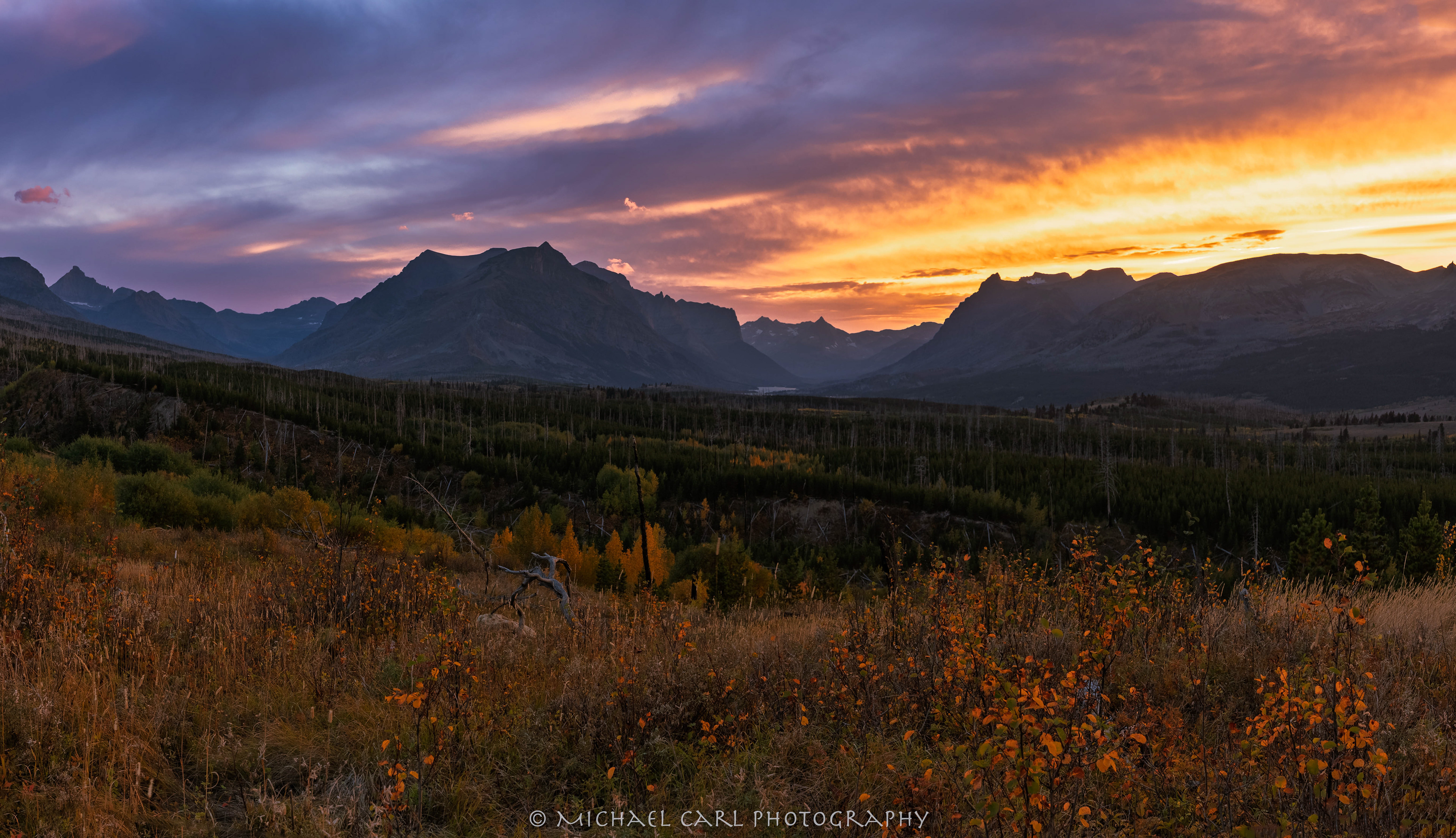 Montana Rocky Mountain sunset photographed as the leafs change color in the fall.