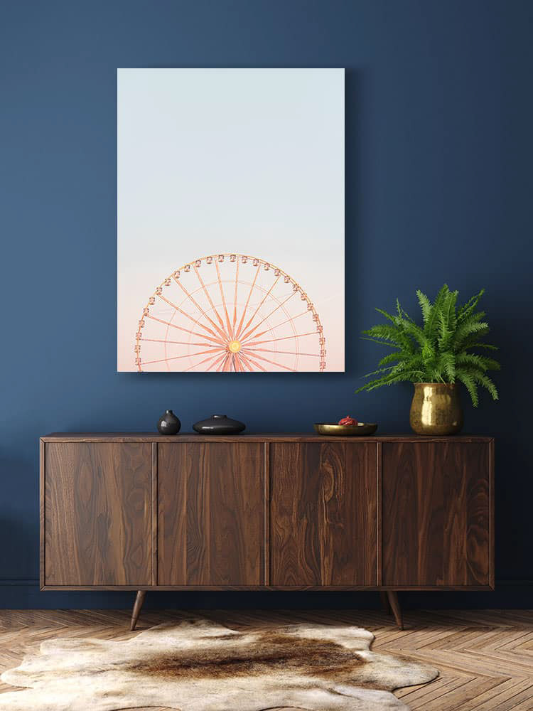 La grande roue de Paris dans le Jardin des Tuileries sur un fond dégradé pastel au couché du soleil. Photographie colorée et minimaliste avec une touche poétique.  Localisation : Paris, France.