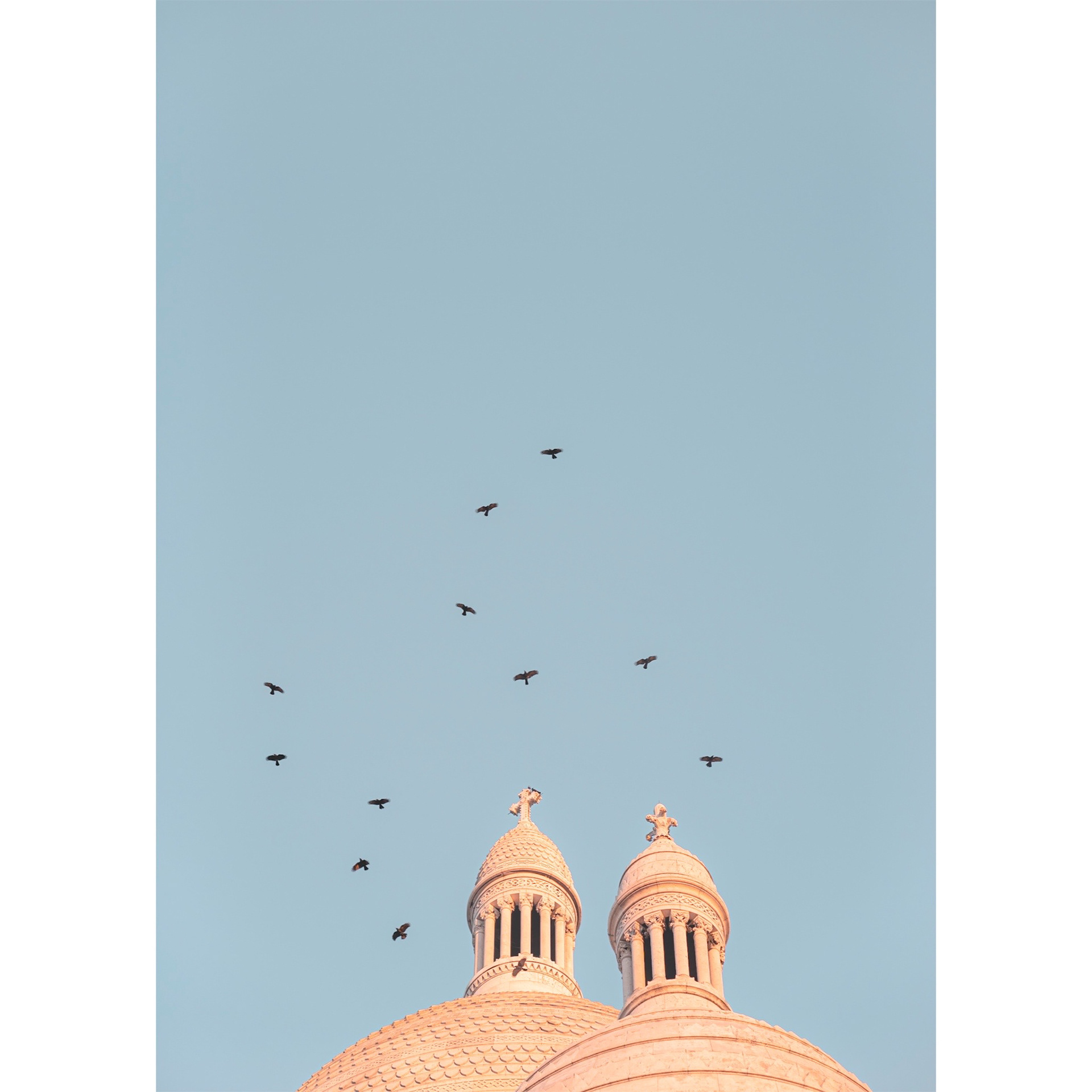 Roof details on top of the Sacré-Cœur Basilica with lines of flying birds. Minimalistic photograph with symmetry and a poetic look. Paris, France 