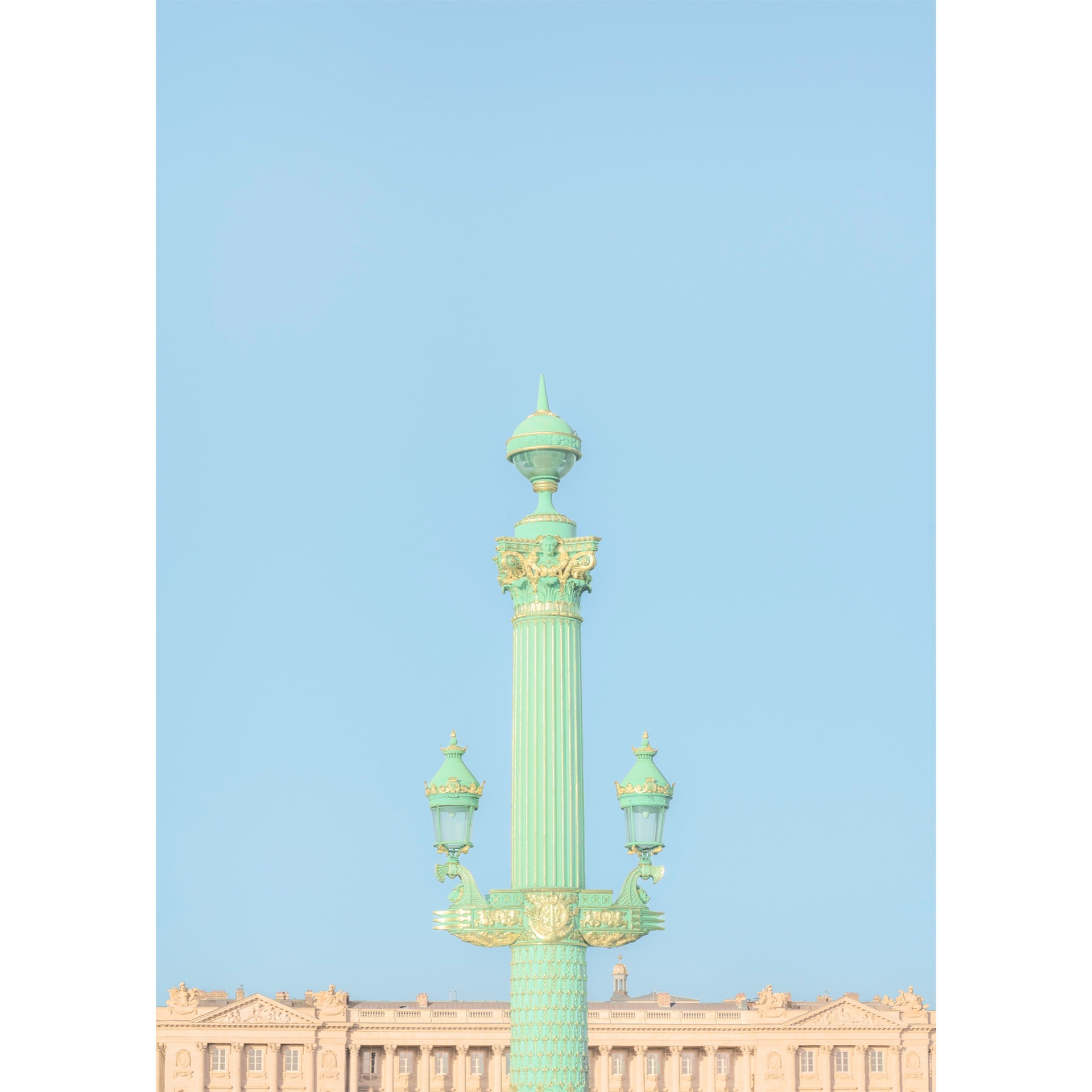Photograph of an historic lantern in Paris with popping green colors and blue sky.Symmetric and minimalist composition with pastel aesthetic