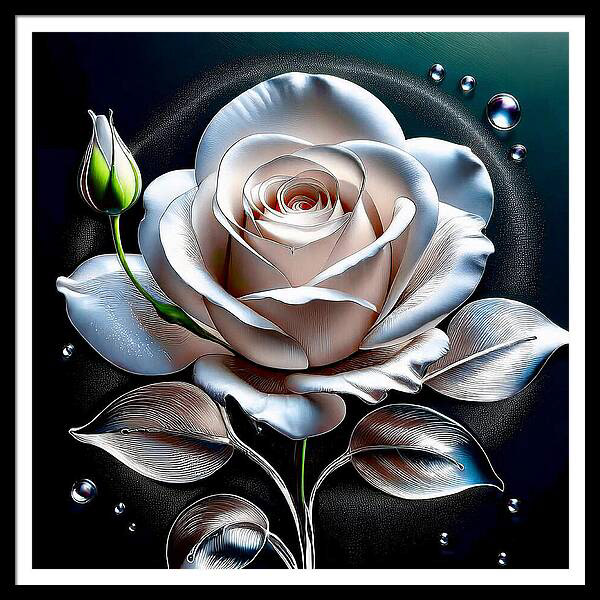 A delicate white rose with a detailed structure stands out against a dark background, accompanied by a budding rose and several dewdrops. Light and shadow play intricately across the petals and leaves, creating a sense of depth and elegance.