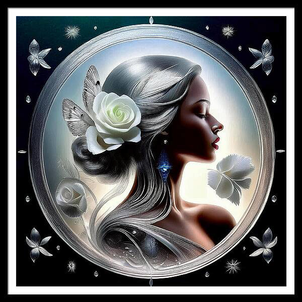 A woman with flowing silver hair adorned with a white rose and delicate butterfly stands in profile, exuding elegance and serenity. The scene is framed by a circular border, complemented by floral and jewel-like accents that add an ethereal touch.
