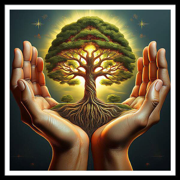 A radiant tree with glowing branches is cradled by two hands, symbolising protection and care. The background features a warm, starry sky that enhances the mystical atmosphere.