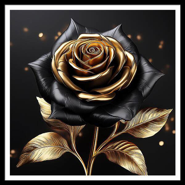 A striking rose with black outer petals and gold inner petals stands against a dark background, adorned with gold leaves and floating gold particles. The design combines elegance and luxury, creating a dramatic visual impact..