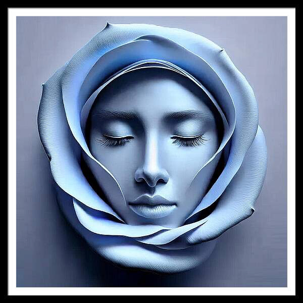 A serene face emerges seamlessly from delicate petals resembling a blooming flower. The monochromatic blue tone enhances the dreamlike and tranquil atmosphere