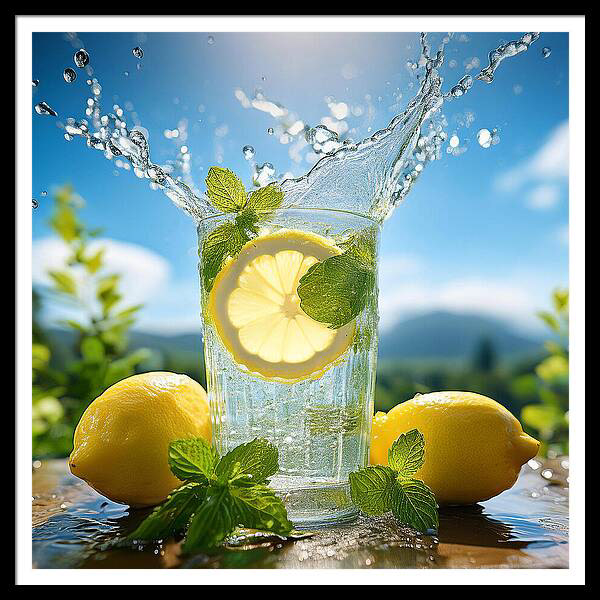 A refreshing glass of water is infused with a lemon slice and fresh mint, creating an invigorating splash. Bright lemons and lush green leaves fill the background, enhancing the vibrant, sunny atmosphere