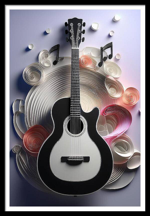 A guitar is beautifully integrated into a paper quilling design, with intricate swirls and musical notes adding dynamic elements. The use of soft colors like pink and white provides a sense of harmony and creativity