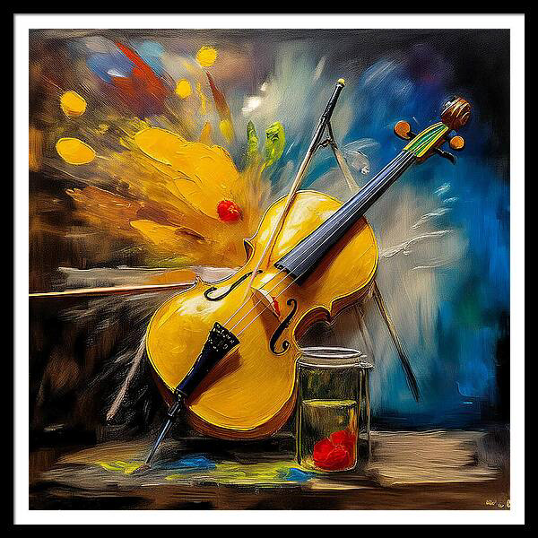 A vibrant scene features a violin leaning against a jar with swirling colors of yellow, blue, and red in the background. The dynamic energy of the composition highlights the contrast between the musical instrument and abstract splashes of color.