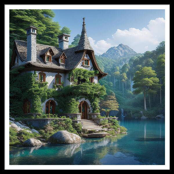 A charming house with ivy-covered walls stands beside a tranquil, clear lake surrounded by lush greenery. Towering trees and distant mountains provide a serene and picturesque backdrop under a bright blue sky.