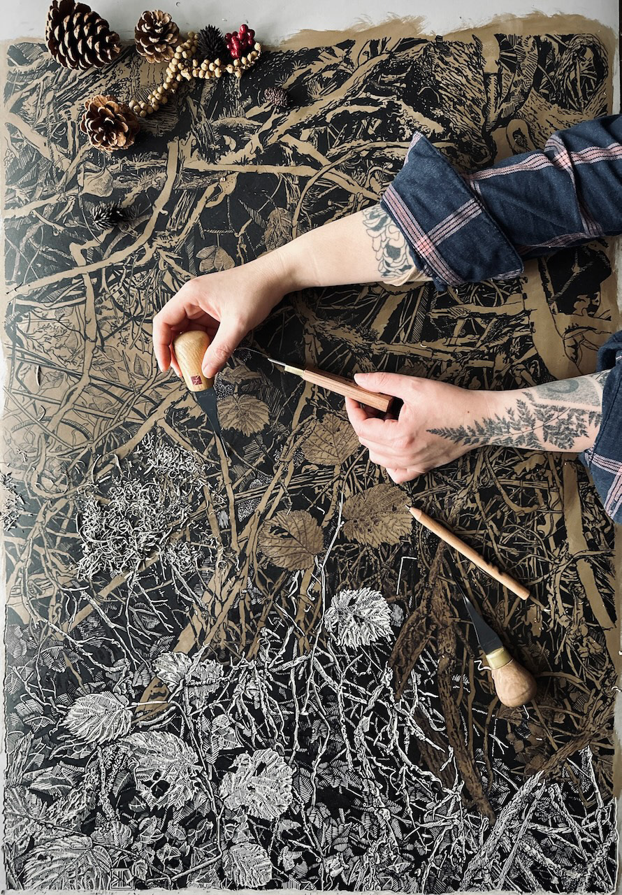 Carving process - 'Roots" Linocut in progress