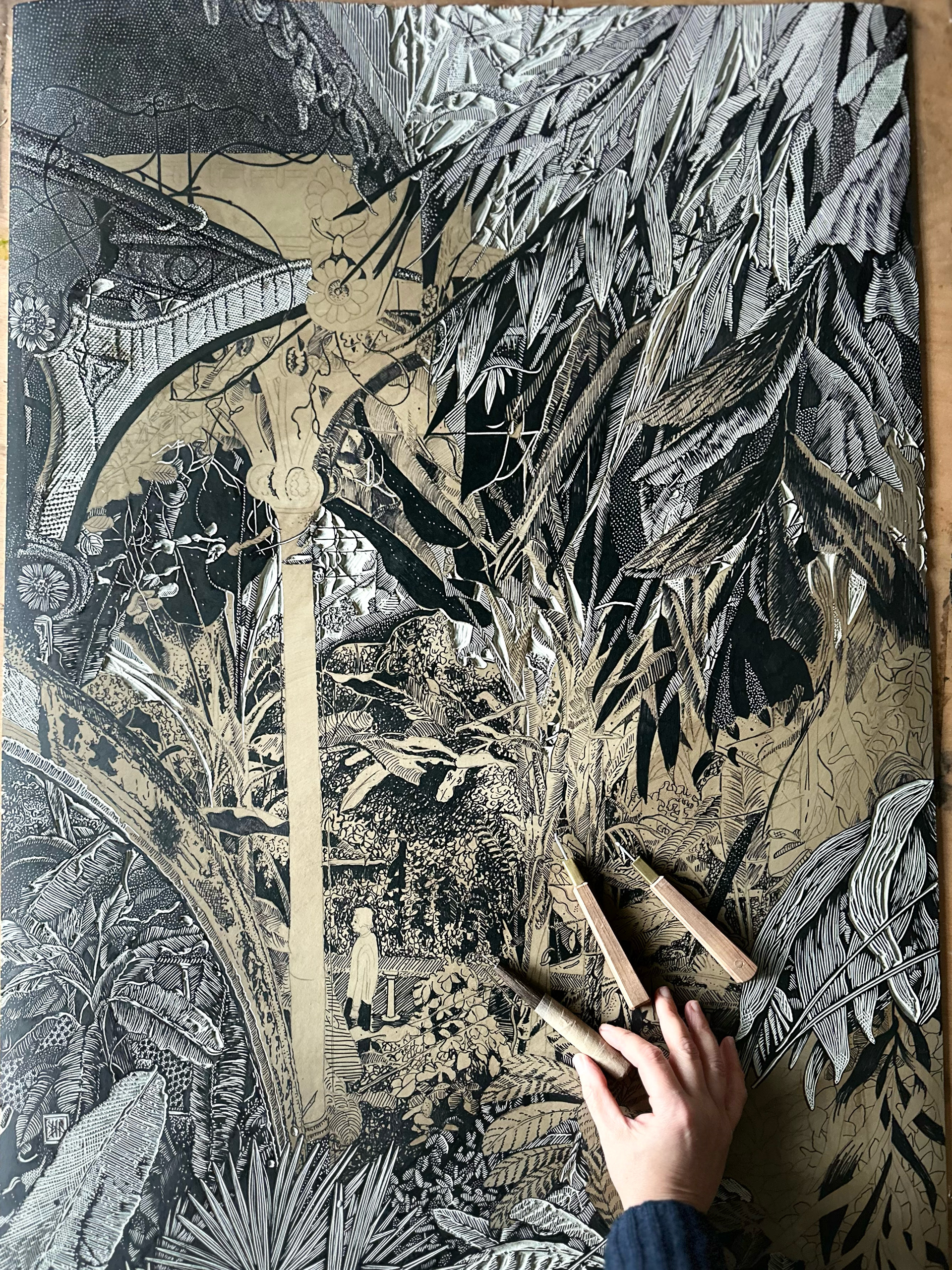 Sanctuary Linocut Print 100x70cm in progress