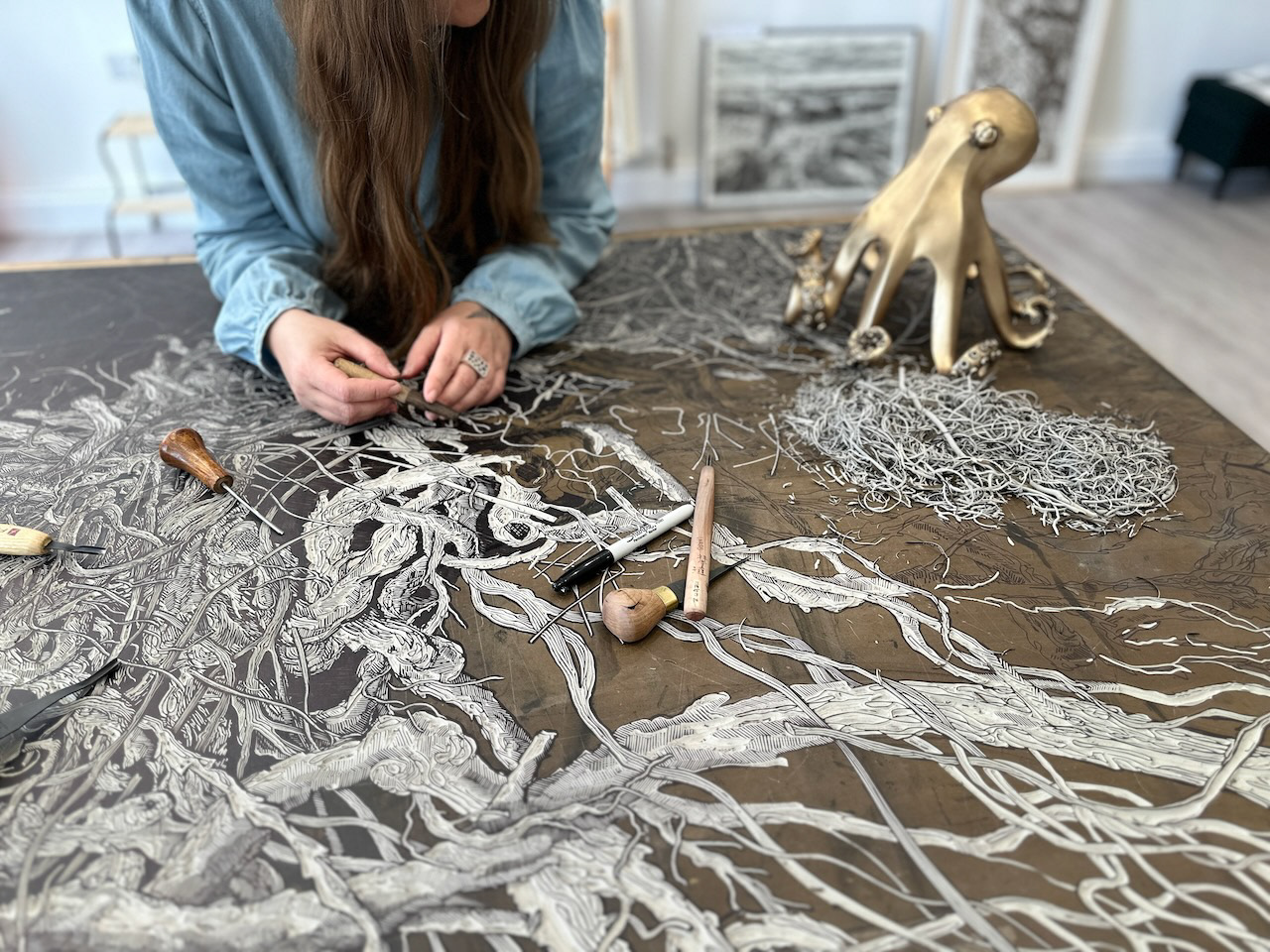 Linocut tools and lino block — relief printmaking setup