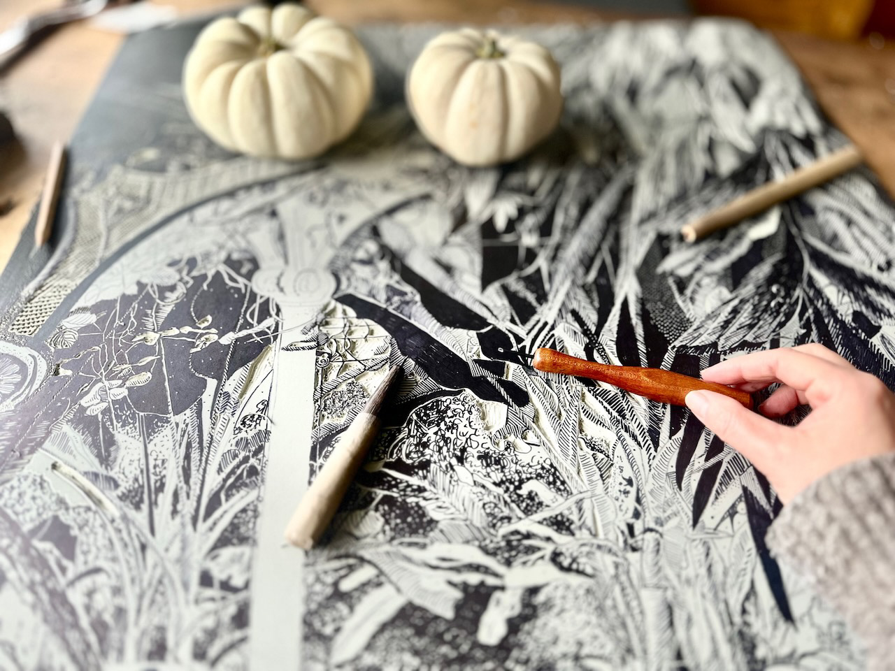 Process of carving 'Sanctuary' Linocut