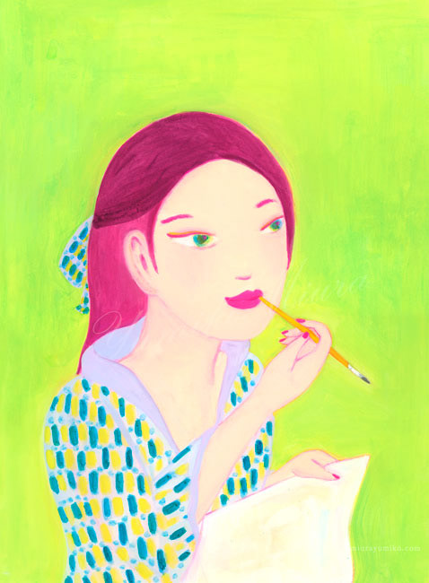 筆をくわえる女