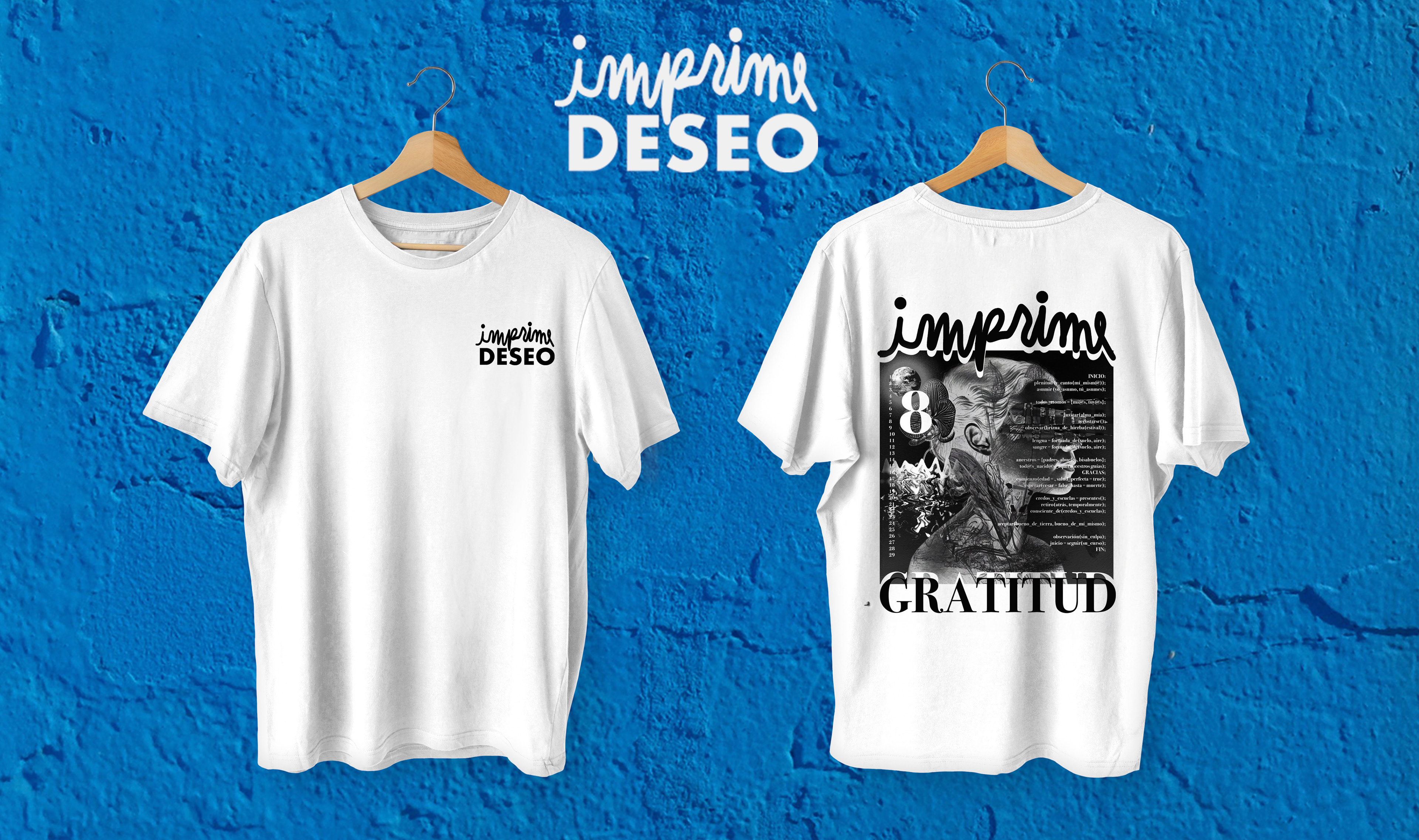 IMPRIME DESEO Remeras amuleto impresas en serigrafía. Serie de remeras inspiradas en las musas del proyecto Imprime Deseo. Cada diseño representa una virtud transformadora: libertad, fortaleza, inteligencia, templanza, abundancia, poder o alegría. Las remeras están disponibles en color blanco o negro, en varios talles unisex. Están estampadas artesanalmente en serigrafía sobre algodón. Edición limitada.