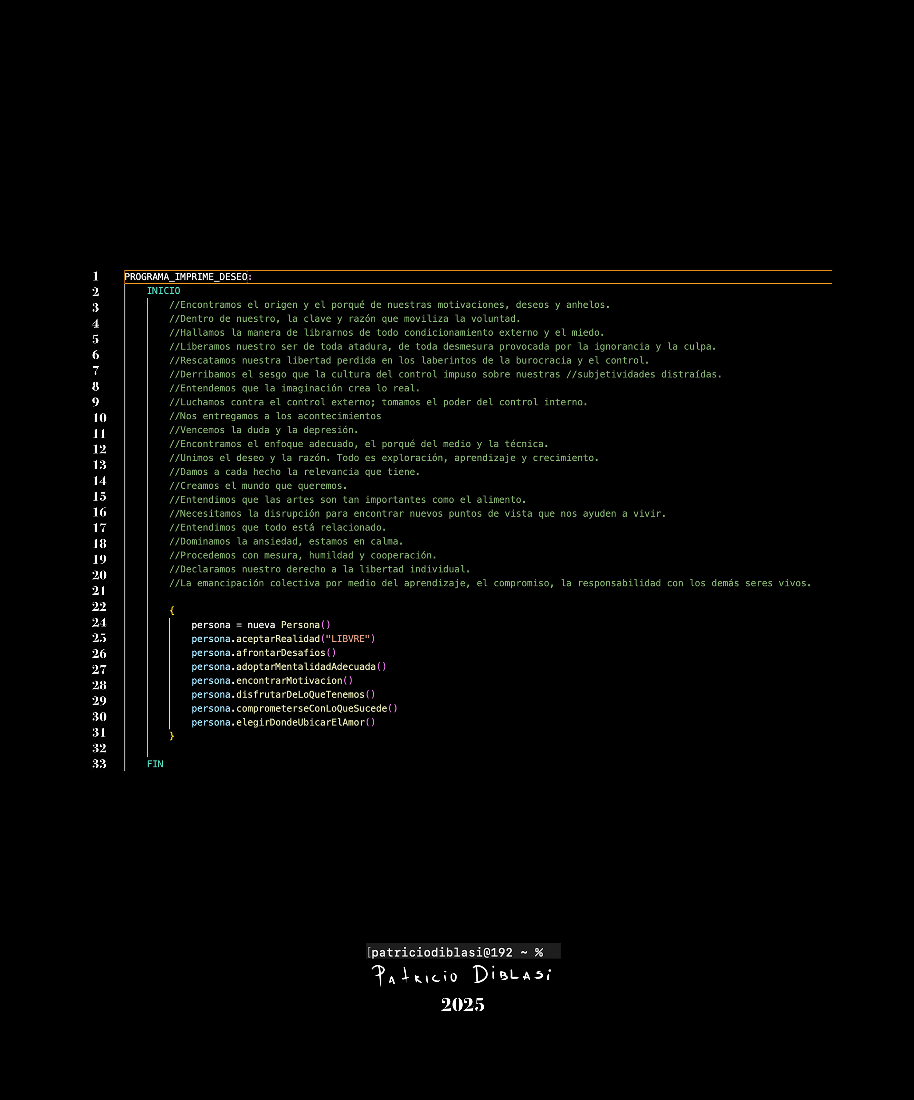 Título: Imprime_Deseo_01 Técnica: Captura de pantalla texto escrito en editor de código fuente. Medidas: 29,7 cm x 42 cm Año: 2025 Ejemplar: Precio: $200000 ARG/ $250 USD