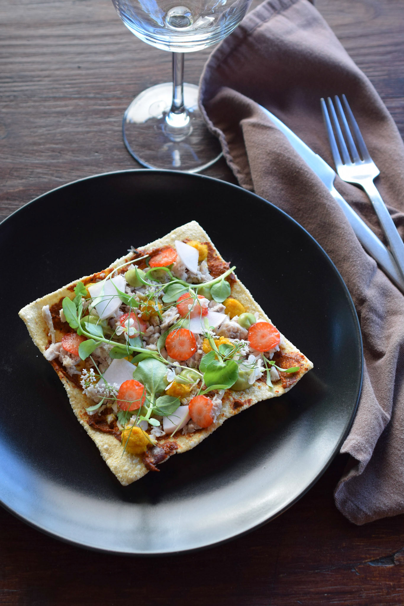 Rabbit tostada at Malva, Valle de Guadalupe, Mexico