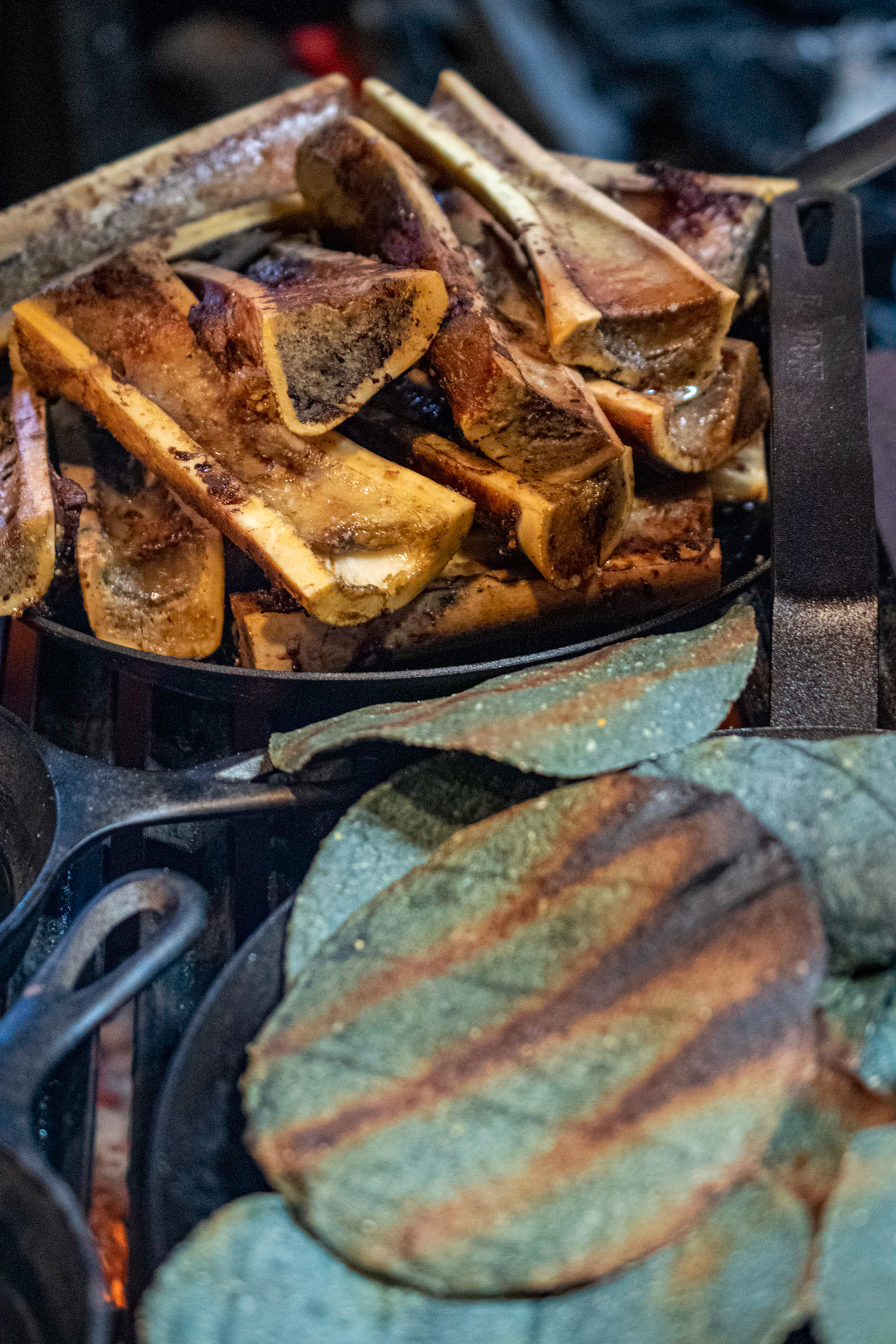 Bone marrow and blue corn tostadas at En Familia, San Diego, California