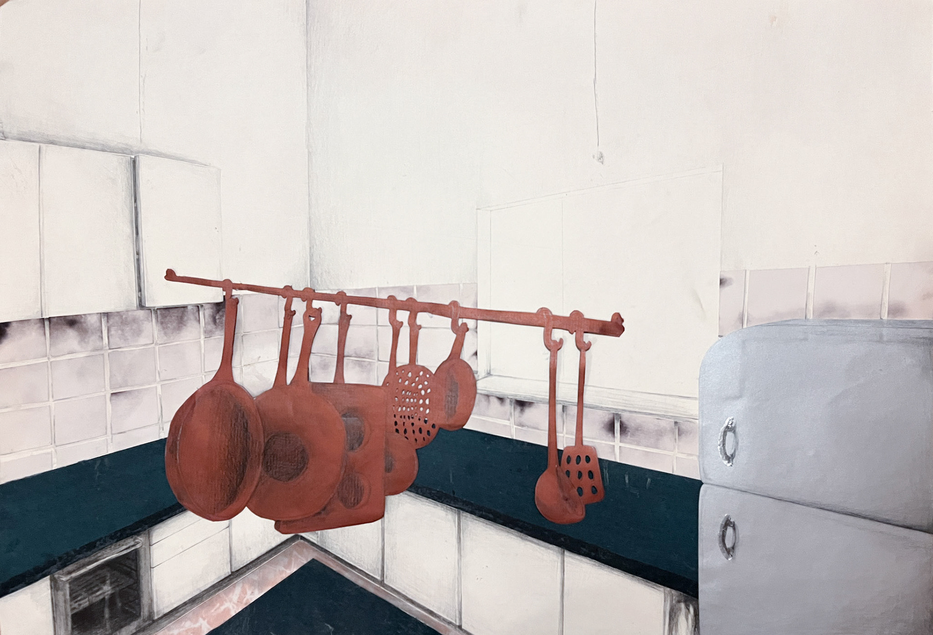 Prázdná kuchyň , tužka a koláž na papíře, 42 X 59,4 cm, 2022/ Empty kitchen, pencil and collage on paper, 42x59,4, 2022