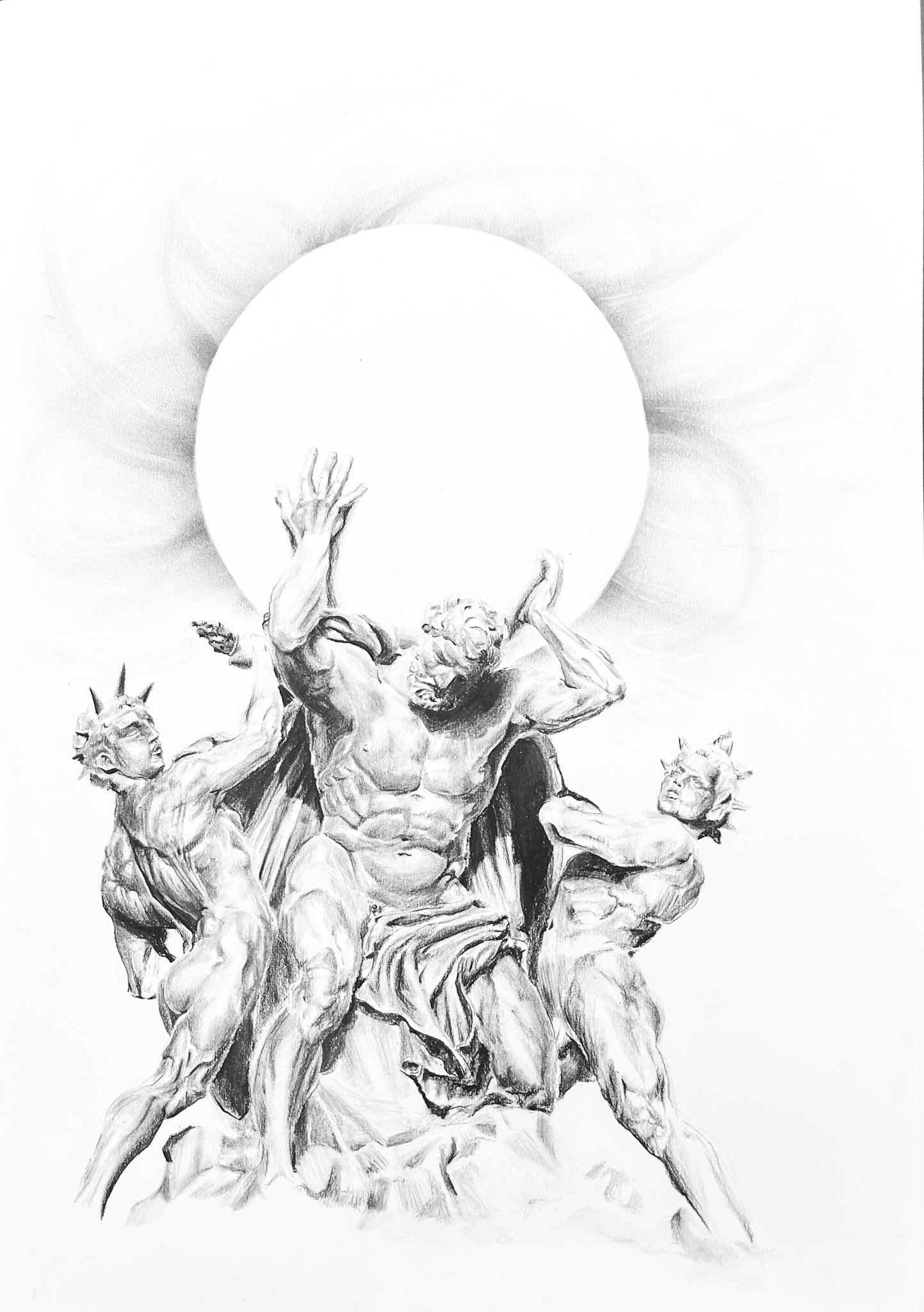 Atlas a světlo , uhel na papíře, 42 X 59,4 cm, 2023/ Atlas holding the light, charcoal on paper, 42x59,4 cm, 2023