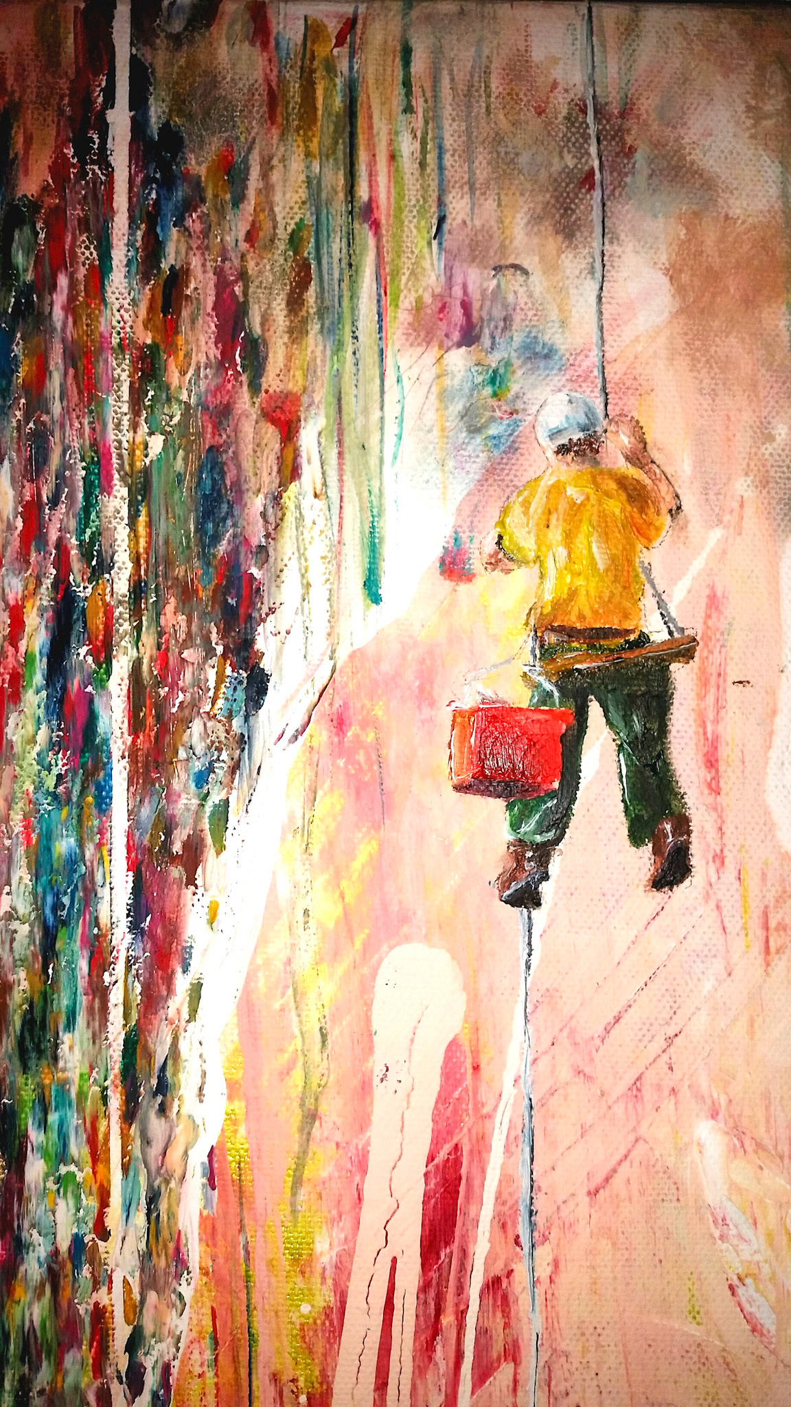 Čističi oken - detail, akryl a olej na plátně, 70x90 cm, 2018/ Windows cleaners - detail, acrylic and oil on canvas, 70x90 cm, 2018