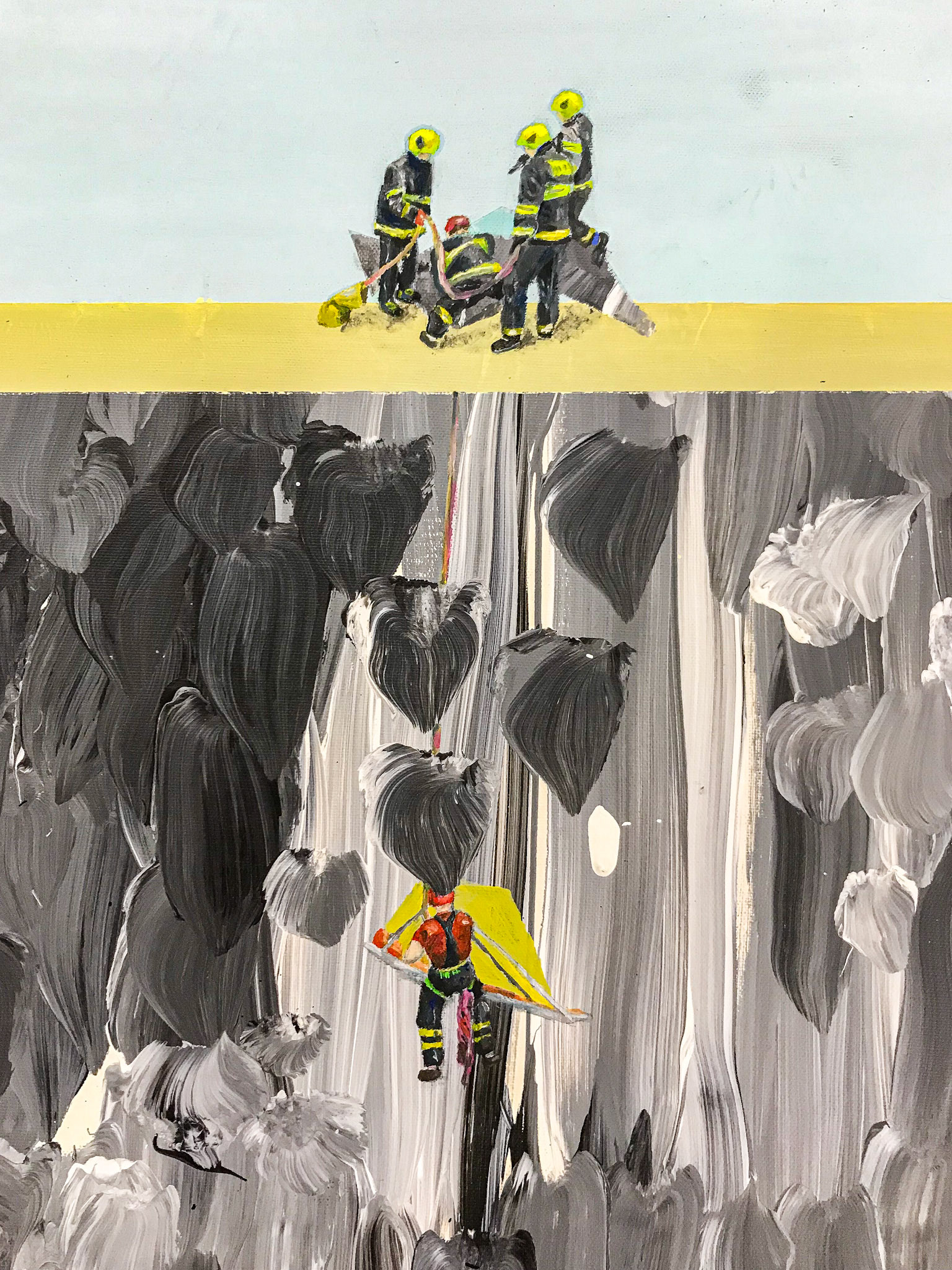 Záchranáři - ztracený střep - detail, akryl a olej na plátně, 70x90 cm, 2018/ rescuers -lost shard - detail, acrylic and oil on canvas, 70x90 cm, 2018