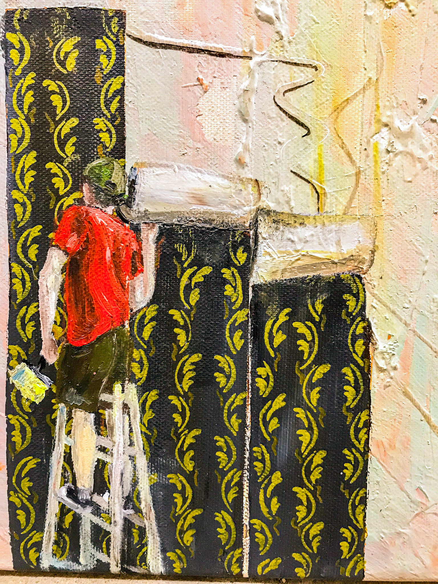 Štefan - natěrač - detail, akryl a olej na plátně, 28 x 42 cm, 2018/ Stephan - the room painter - detail ,acrylic and oil on canvas, 28 x 42cm, 2018