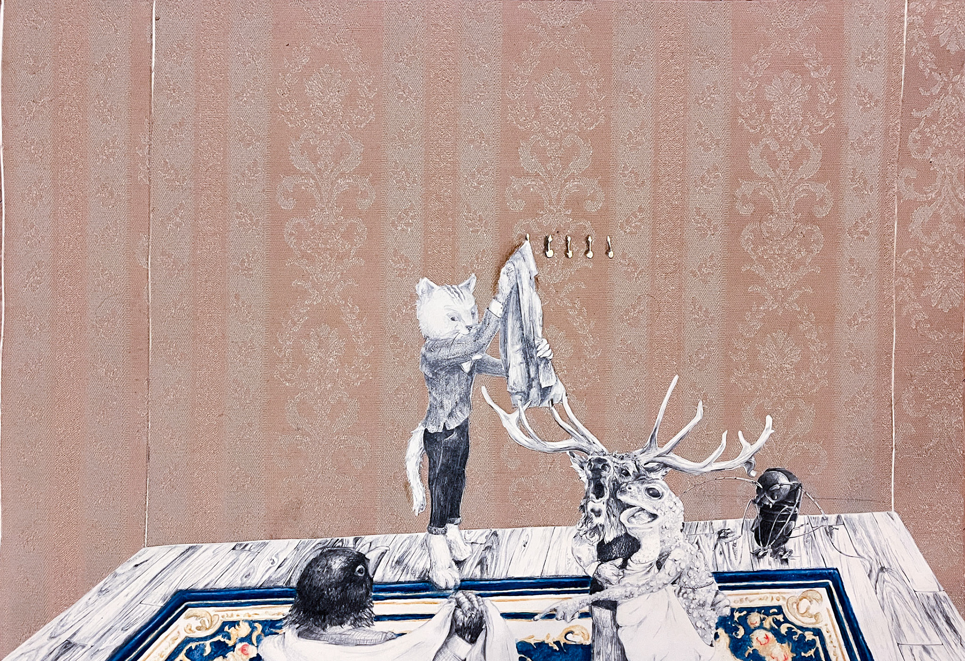 Návštěva, tužka a koláž na papíře, 42 X 59,4 cm, 2022/ Visitors, pencil and collage on paper, 42x59,4, 2022