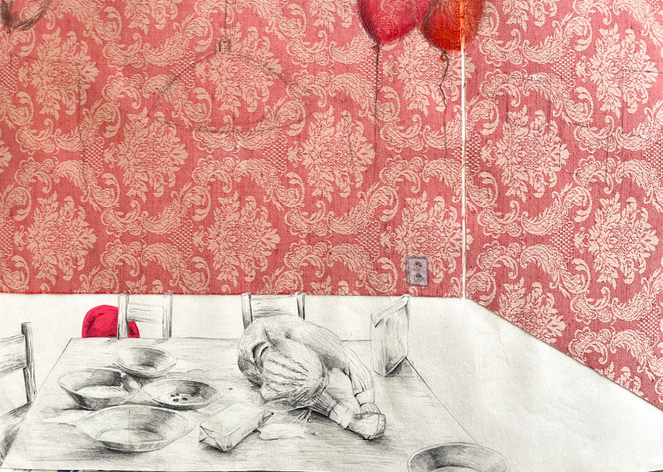 Pernej den, tužka a koláž na papíře, 42 X 59,4 cm, 2022/ Tough day, pencil and collage on paper, 42x59,4, 2022