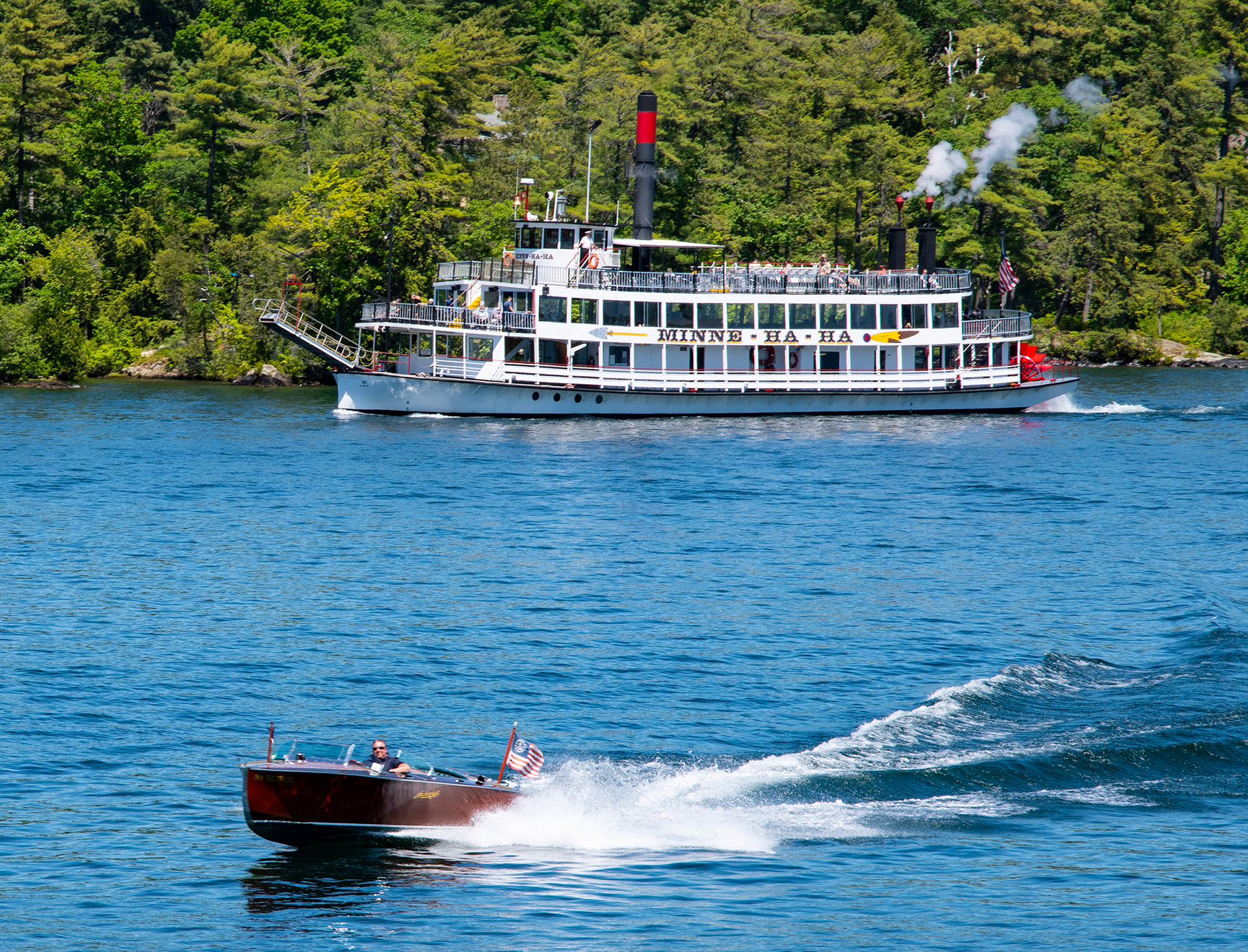 Vintage Steam Powered Tour Boat and Power Boat, Lake George, New York