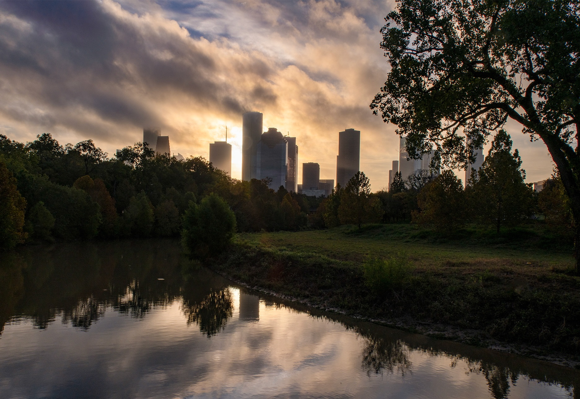 Daybreak, Houston Skyline from Buffalo Bayou, Houston Texas