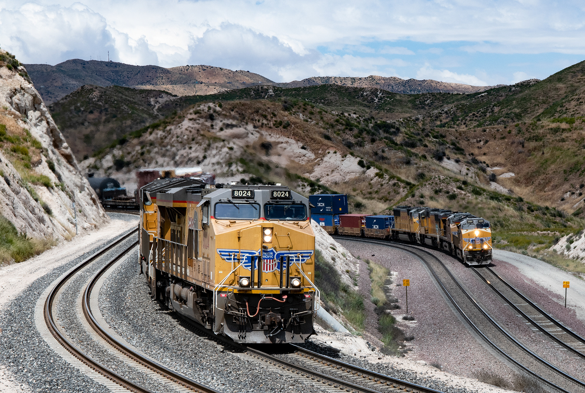 Two Union Pacific Trains on Busy Cajon Pass, California