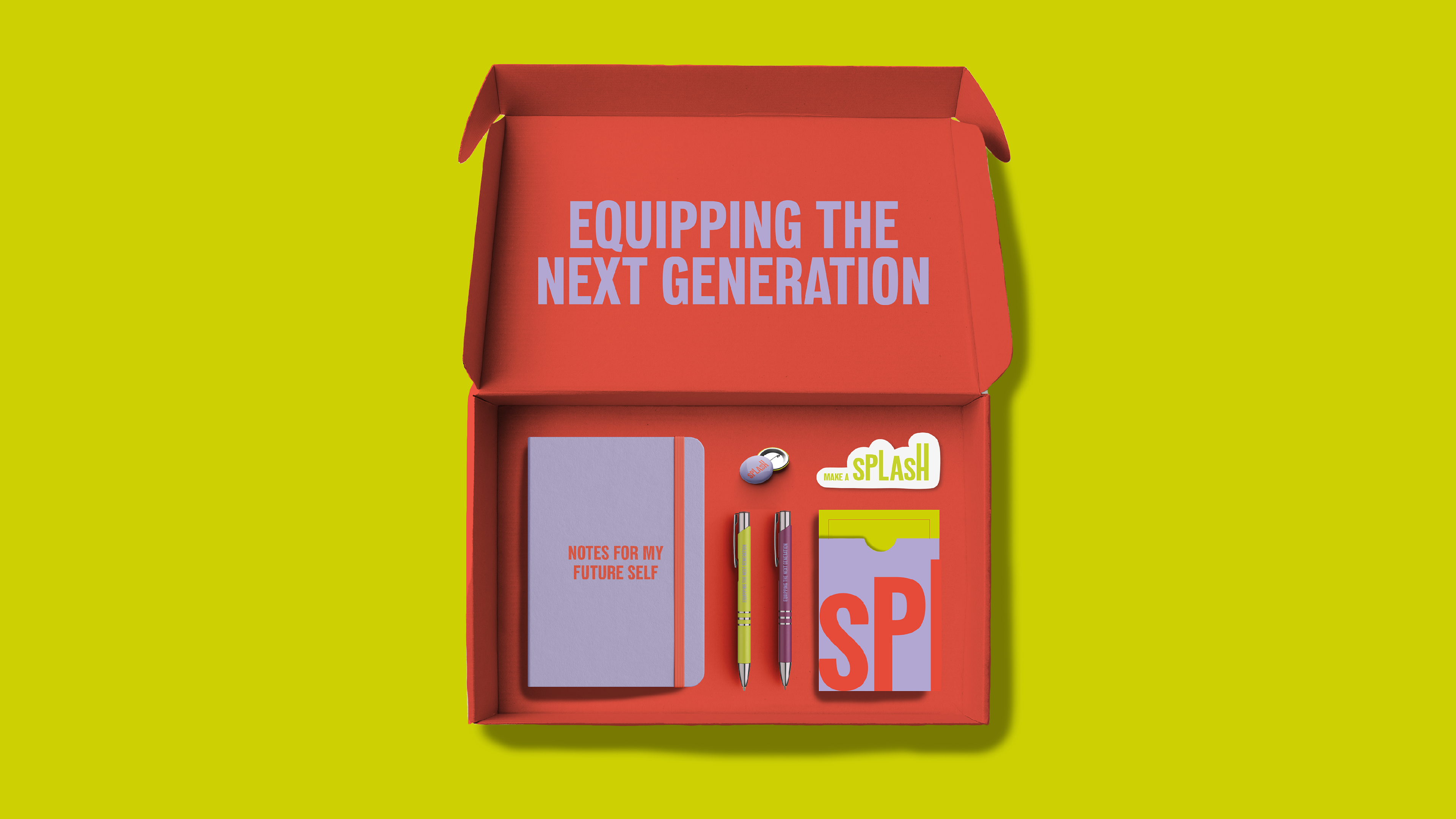 At the end of the workshops, students would be given a box to take home with branded merchandise and a set of cards surrounding the four brand areas.