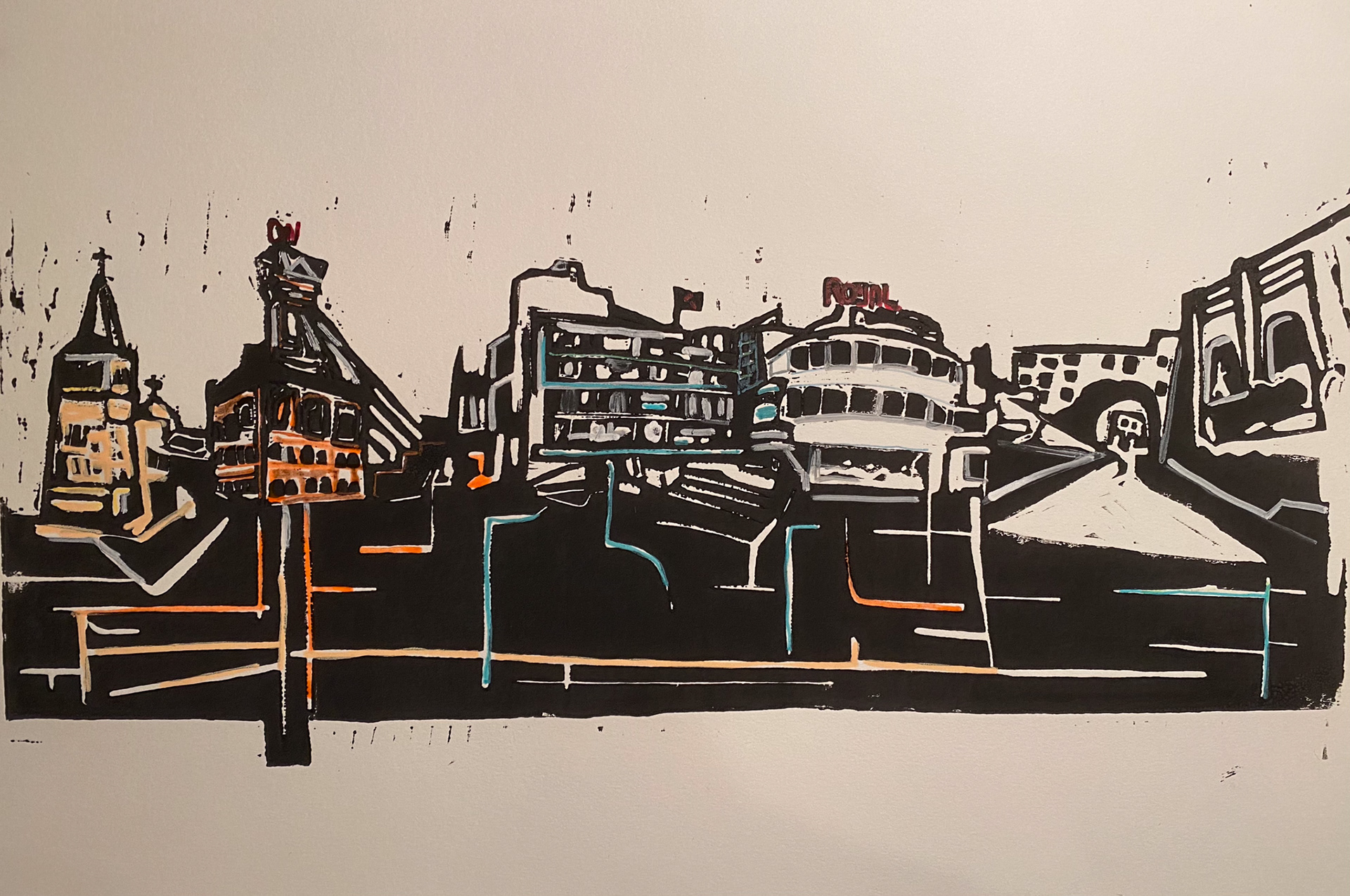 Zicht op Heerlen lino en acrylverf