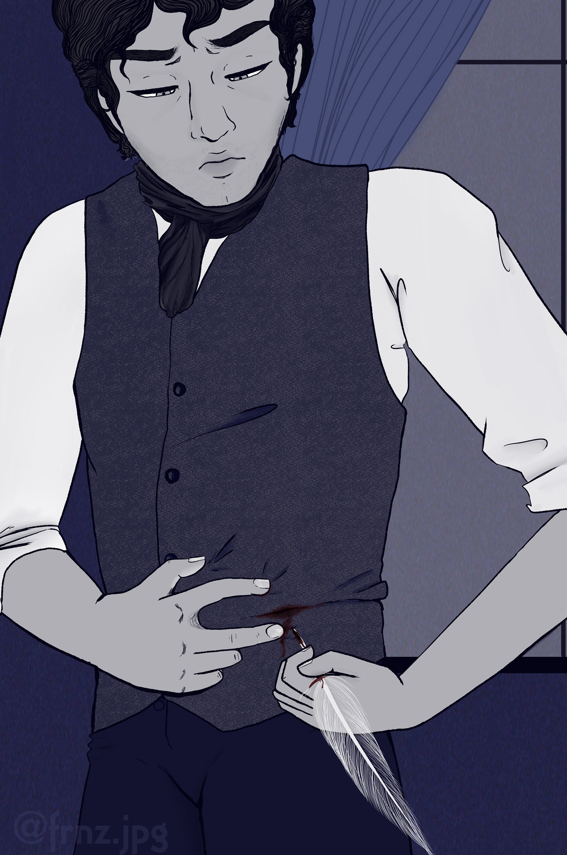 A young man in a waistcoat with dark curly hair leans over and pulls a bloodied, sharp quill out of his lower abdomen. Blood soaks through his shirt and waistcoat, as well as dripping down the quill. He does not look like he's in extraordinary pain. While clearly unhappy, he seems more like he's trying to stay as calm as he can.