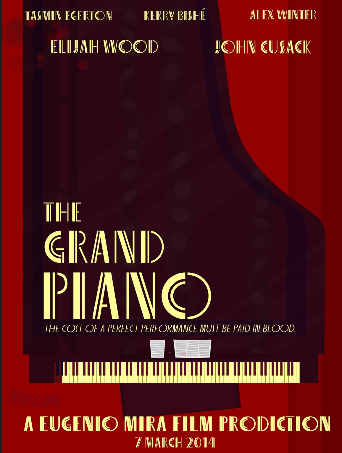 A piano sitting at the very edge of a red-carpeted stage that seems to have its seat awkwardly pulled out, like the pianist stood up and left in a hurry. In the reflection of the piano, the catwalk and the stage lights can be seen, and blood has dripped onto the back of the piano, but it blends in with the red floors. The piano music is hastily arranged with some red scribbles on it. There is a red laser pointing in between the sheets of music. The lowest five piano keys look different from the rest of them as well. The cast is listed at the top of the poster: Tasmin Egerton, Kerry Bishé, Alex Winter, Elijah Woon, John Cusack. The middle of the poster reads "The Grand Piano. 'The cost of a perfect performance must be paid in blood'." The bottom of the poster reads "A Eugenio Mira film production. 7th of March 2014".