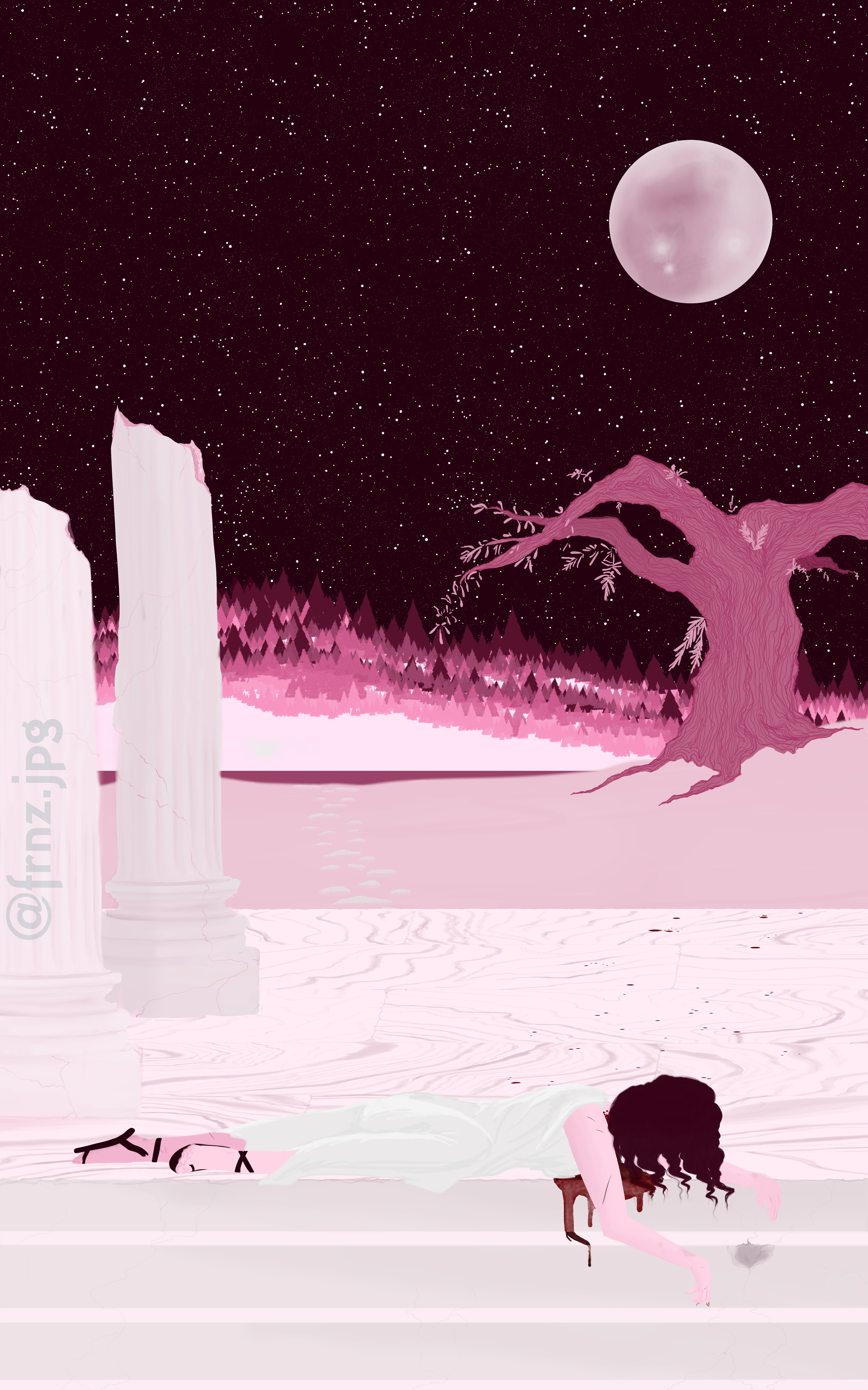 Magenta-colored image of a woman lying on the steps of an ruinous temple, bleeding from her neck. In the background, the blood trails off to the other side of the temple, and there is a lake and a forest past the temple. A full moon and hundreds of stars shine above.