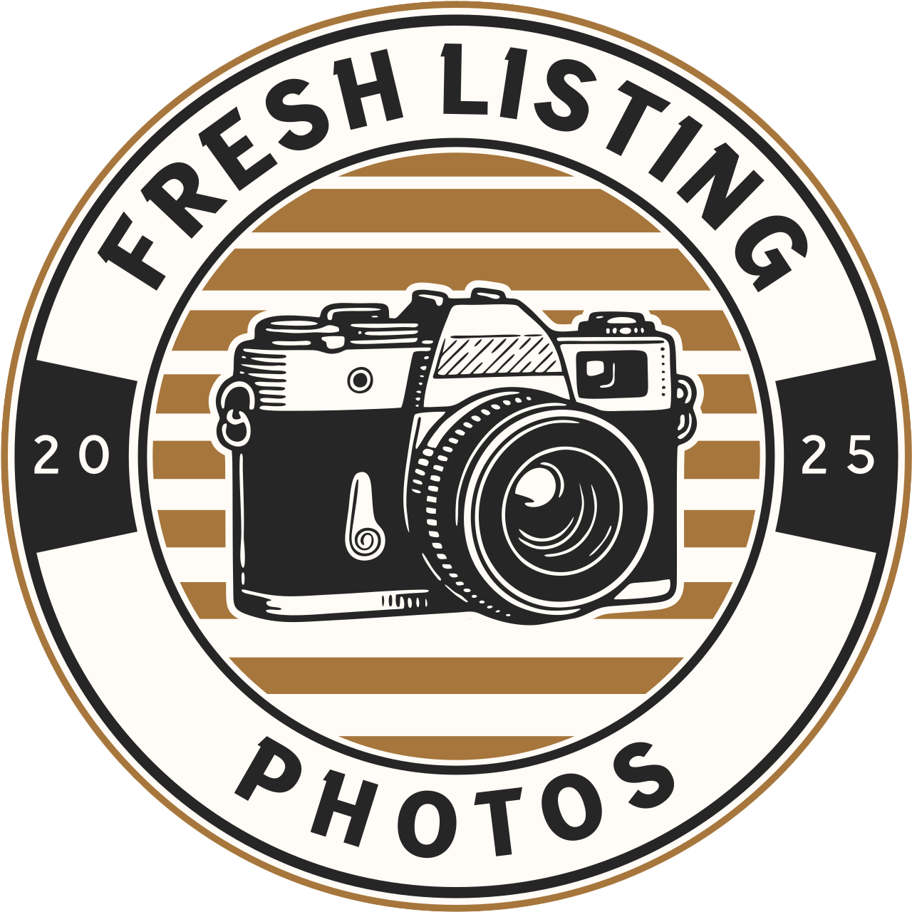 Circular logo Fresh Listing Photos featuring a vintage-style camera