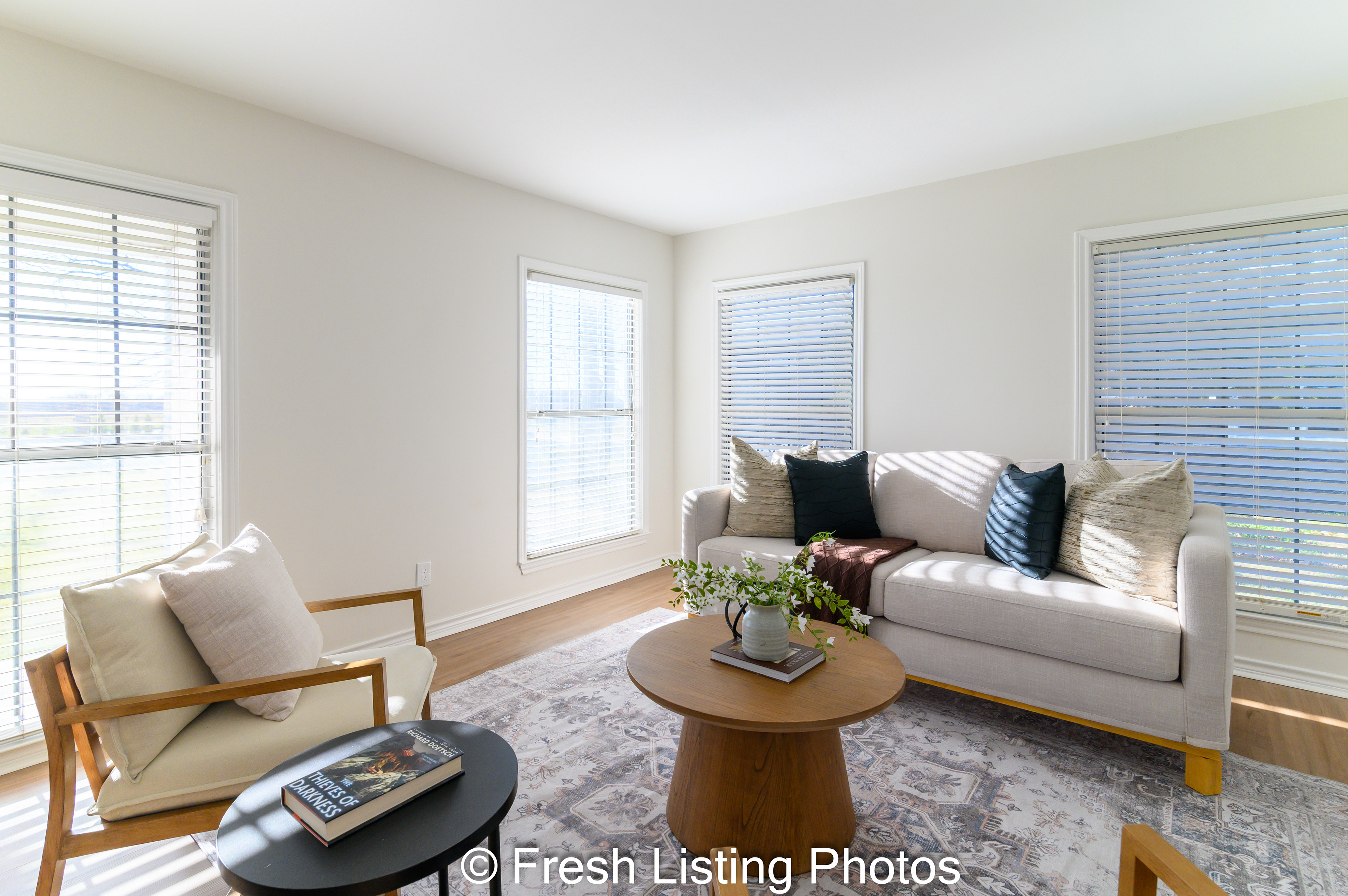 Living room interior with sunny windows