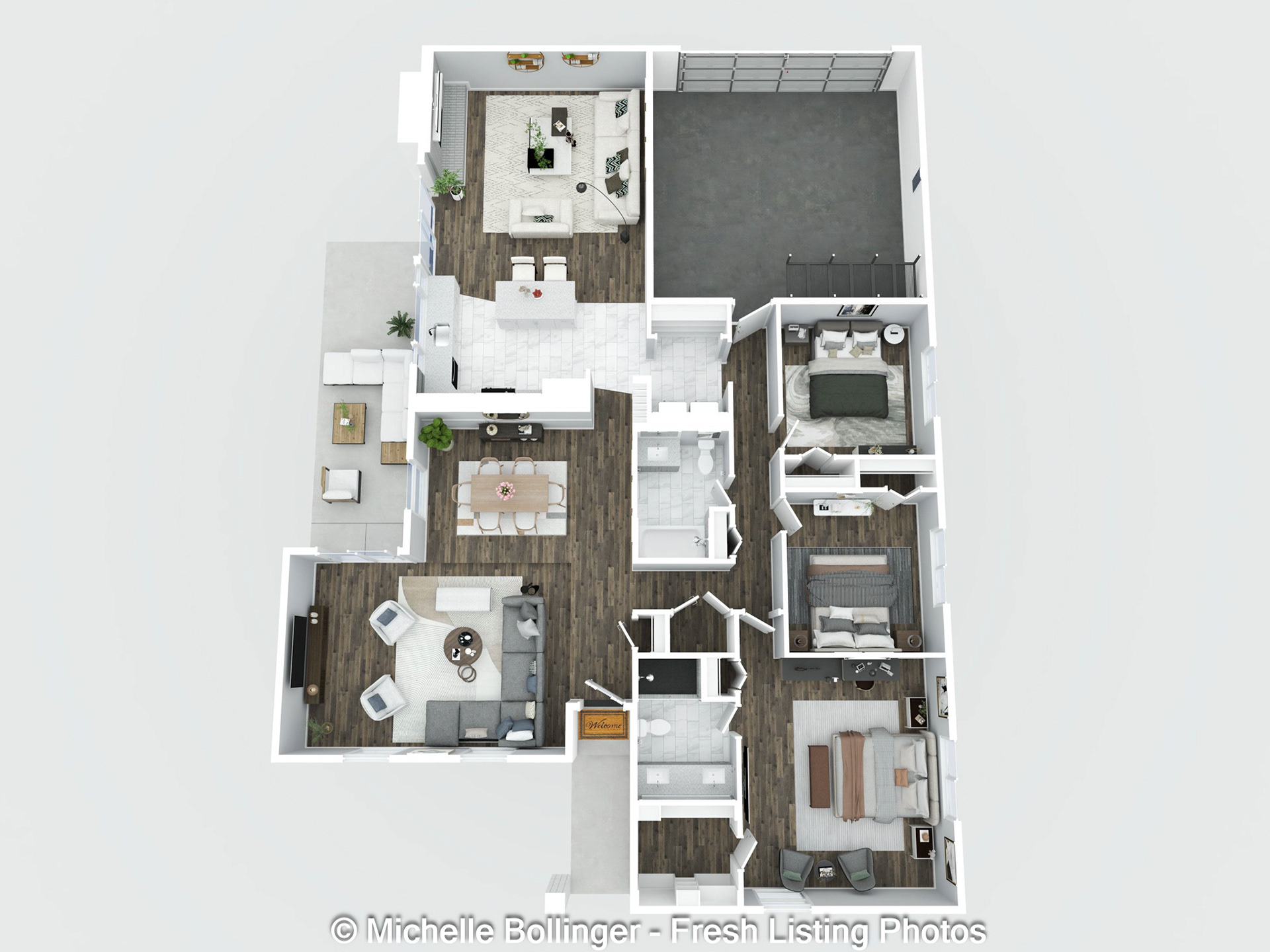 3D floor plan featuring hypothetical furniture