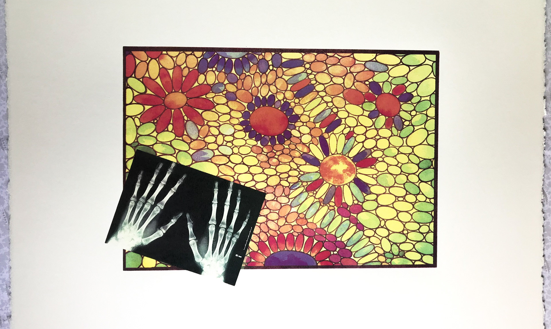 Working with an image created by my mother (the watercolour shapes in the background). This talks about work created by hands other than my own, although those are my hands in the X-ray