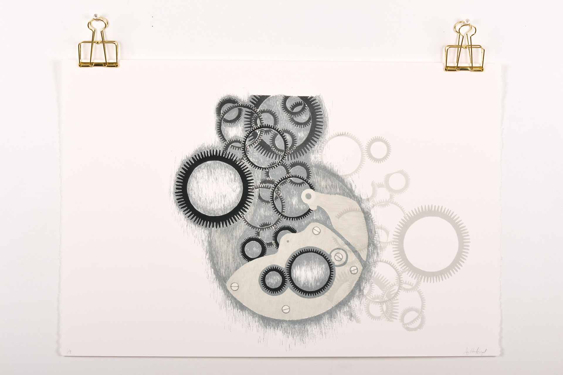 Hand Drawn UV screen print working with the theme of time by depicting watch parts spilling out