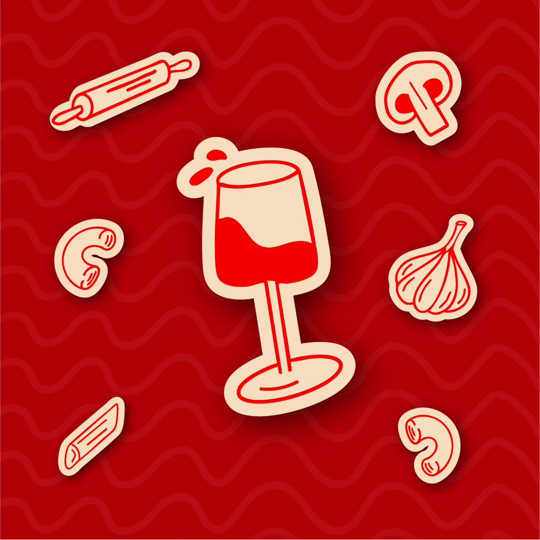 Sticker sheet with illustrated icons: wine glass, pasta shapes, and rolling pin for Forchetta branding