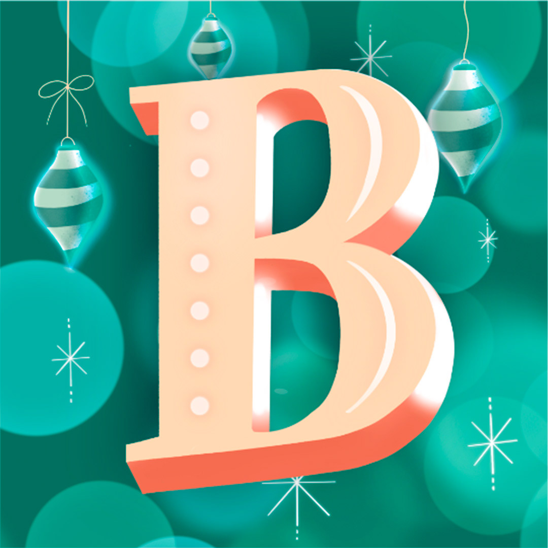 “B” digital lettering illustration with festive flair and dimensional shading.