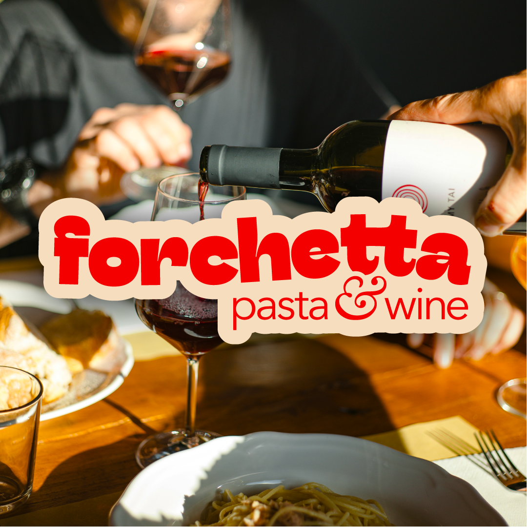 Forchetta logo lockup overlaid on wine and pasta photography