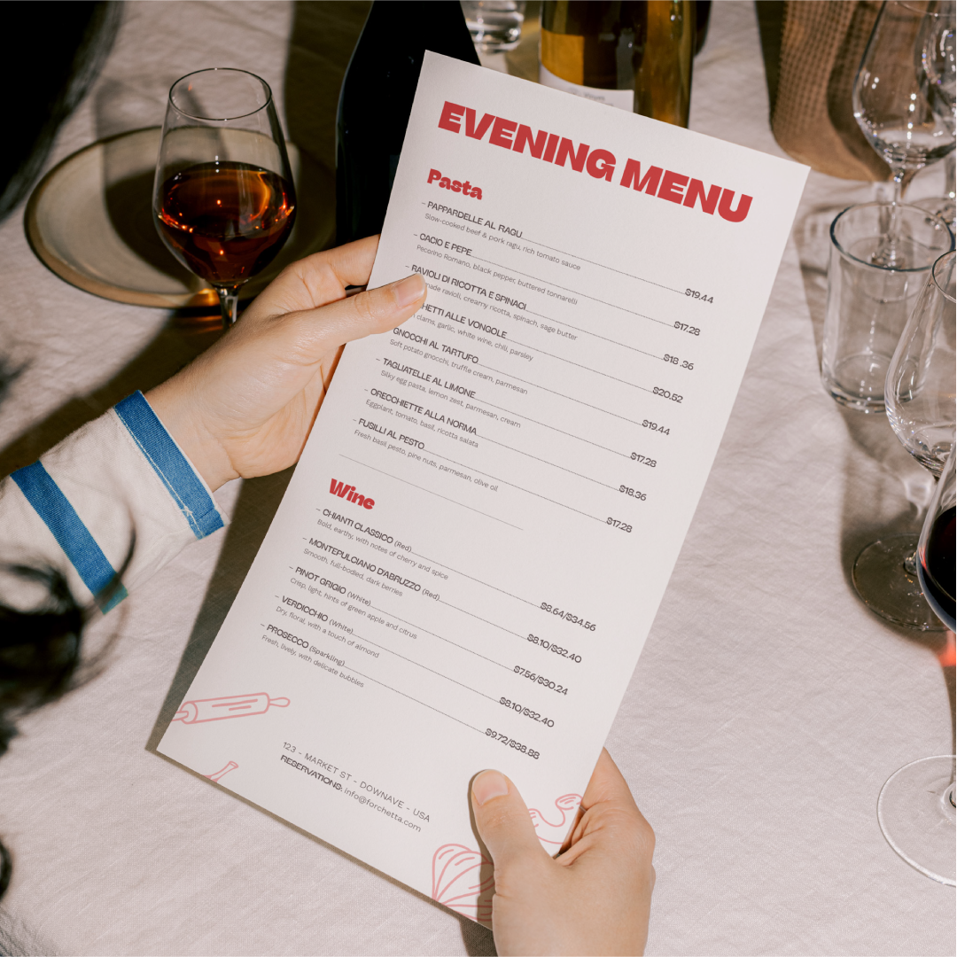 Forchetta restaurant menu mockup with custom layout and brand styling