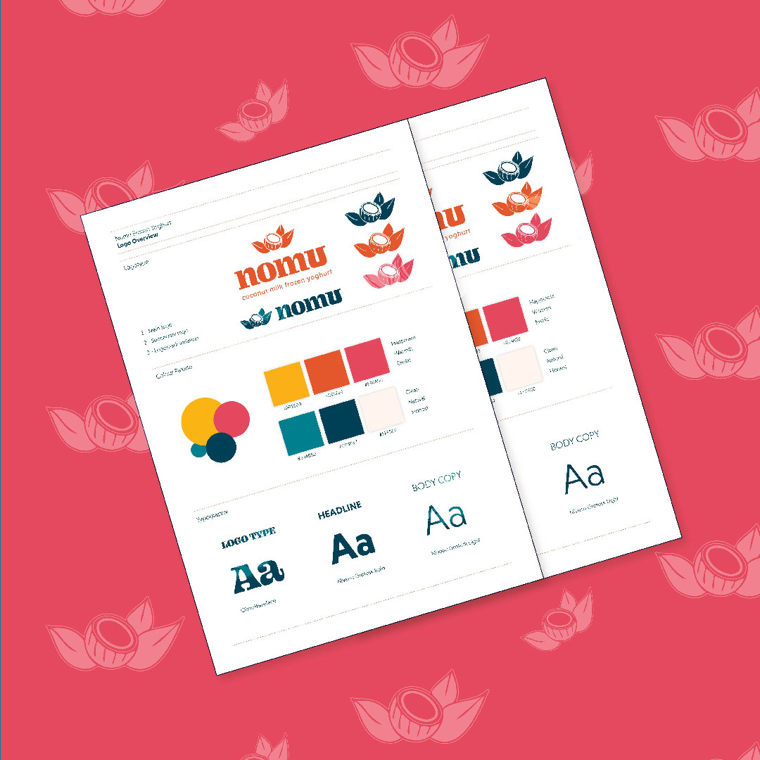 Nomu brand guidelines showcasing logo, typography, and colour palette