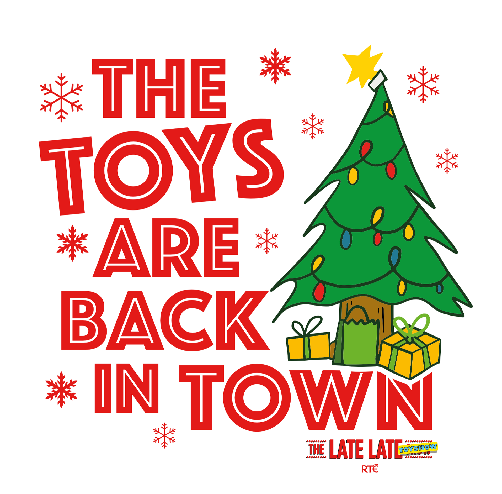 Christmas tree illustration in a playful, hand-drawn style for RTÉ’s Late Late Toy Show merchandise.